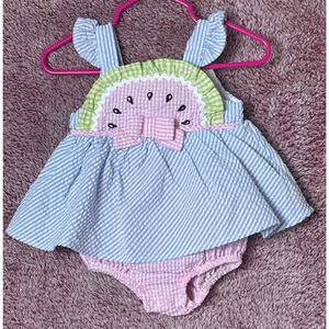 Baby BLUEBERI boulevard in Blue Pink watermelon seersucker romper dress 6 Months